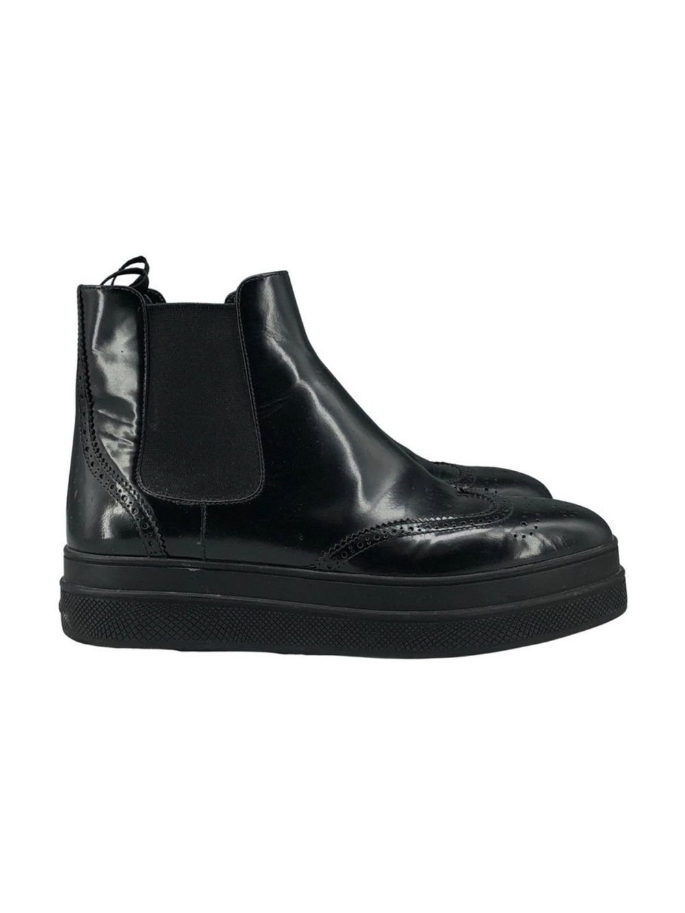 Prada Black Leather Brogue Chelsea Platform Boots Size 38